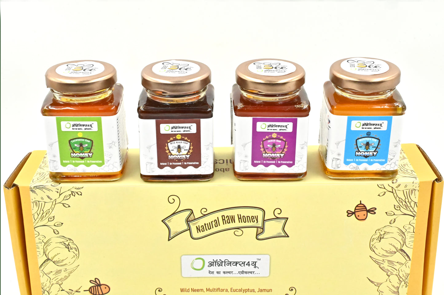 Organics4U’s Festive Gift Hamper |4 Varities of Honey with a Postcard | Diwali Honey Pack for Employees | Diwali Gift Items | Gifts for Family and Friends Corporate Office Clients