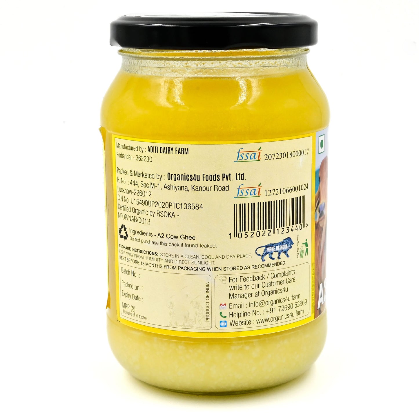 A2 Cow Ghee - Vedic Bilona Method - Traditional Curd Churned - Pure, Natural & Healthy - Glass Jar