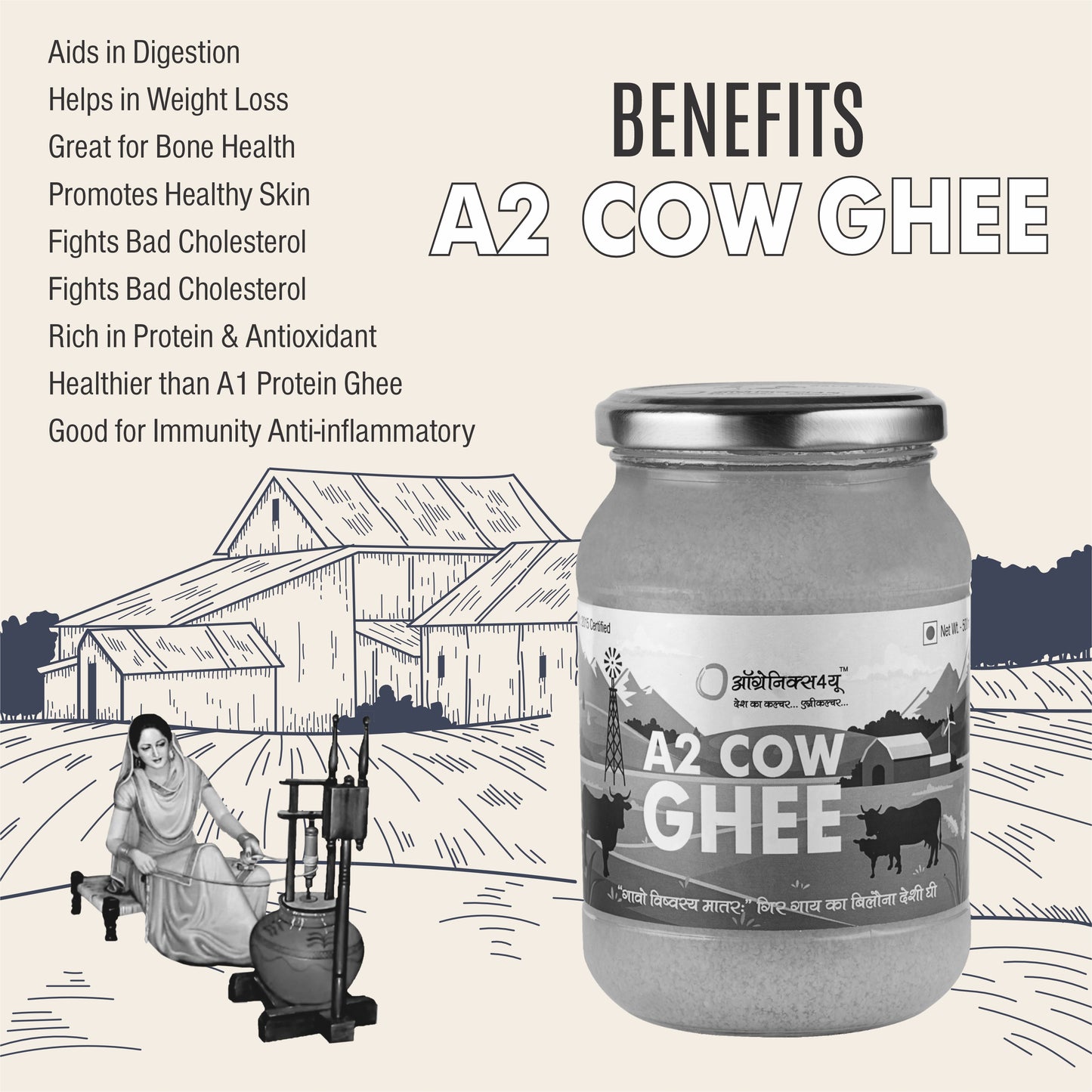 A2 Cow Ghee - Vedic Bilona Method - Traditional Curd Churned - Pure, Natural & Healthy - Glass Jar