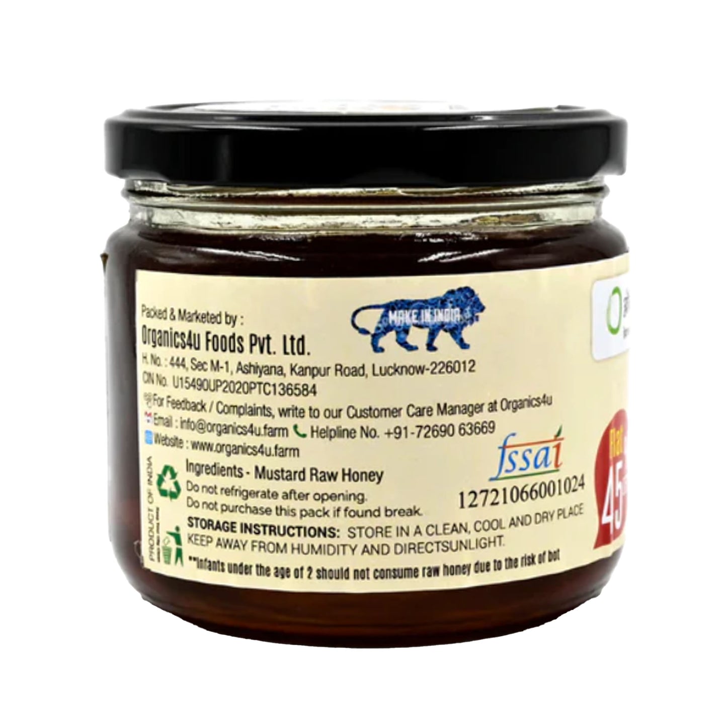 Delicious Mustard Raw Honey by Organics4U - 100% Pure & Natural, Unprocessed & No-preservatives, No Additives & Ethically Crafted